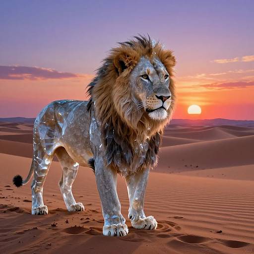 Photorealistic digital artwork of a majestic, glowing lion standing in a desert at sunset, with orange and purple sky, and rippled sand dunes