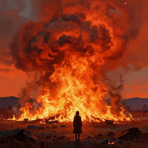 Photograph of a person standing silhouetted against a massive, roaring, orange and red wildfire with thick black smoke, under a fiery sky.