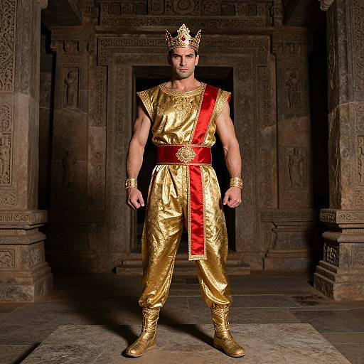 Photograph of a muscular man in a golden king costume with red sash, crown, and boots, standing in an ancient stone temple.