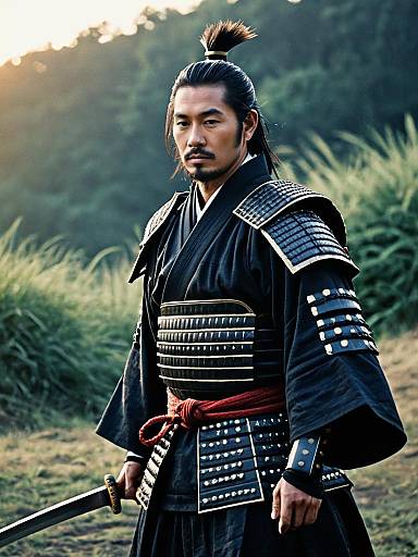Man in Traditional Samurai Armor at Dawn