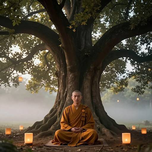 Serene Monk Meditating Under Ancient Tree