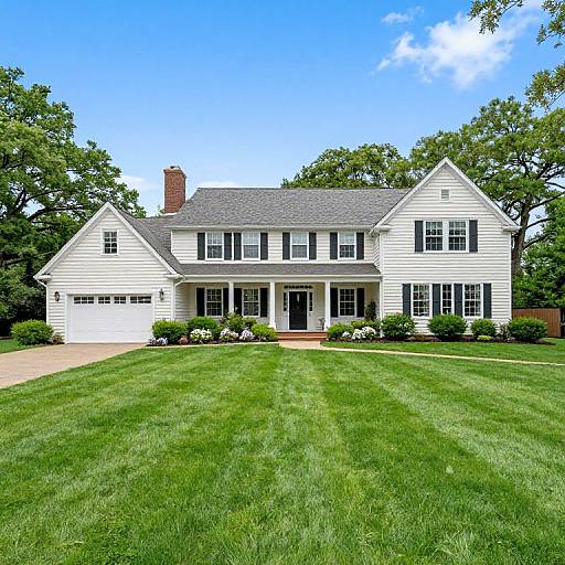 Photograph of a two-story white colonial house with a gray shingle roof, surrounded by lush green lawn and tall trees.