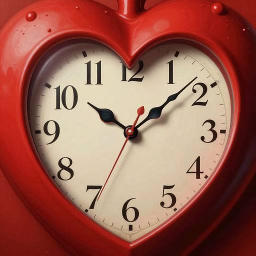 Photograph of a red, heart-shaped clock with black numbers and hands, set against a red background, displaying 10:10.