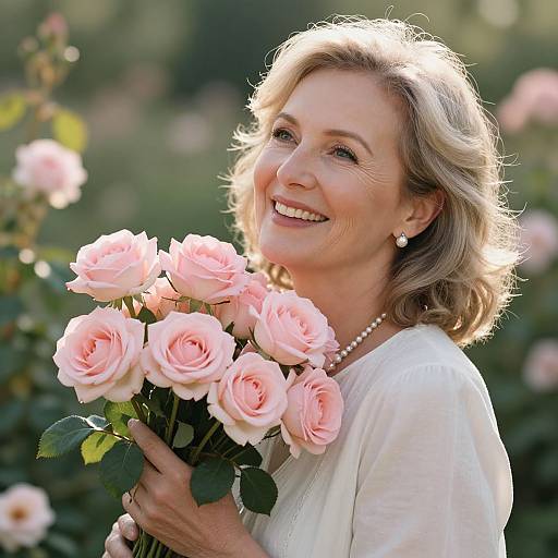 Photograph of a smiling, middle-aged blonde woman with pearl earrings, holding a bouquet of pink roses, wearing a white blouse, against a sunlit