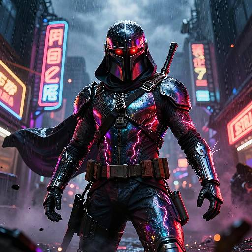 Futuristic Bounty Hunter in Neon Storm