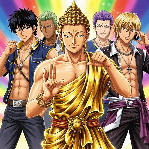Anime-style digital illustration of five muscular men, one in golden traditional attire with a headpiece, four in modern black shirts. Bright rainbow background, all