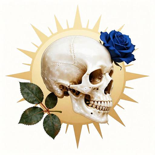 Skull with Midnight Blue Rose and Sunburst