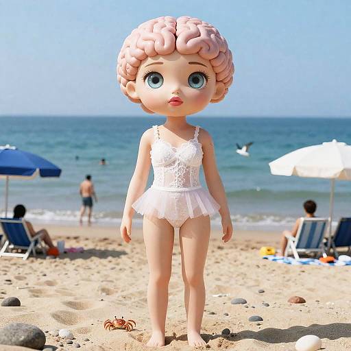 Surreal Doll with Brain-Shaped Hair on Beach
