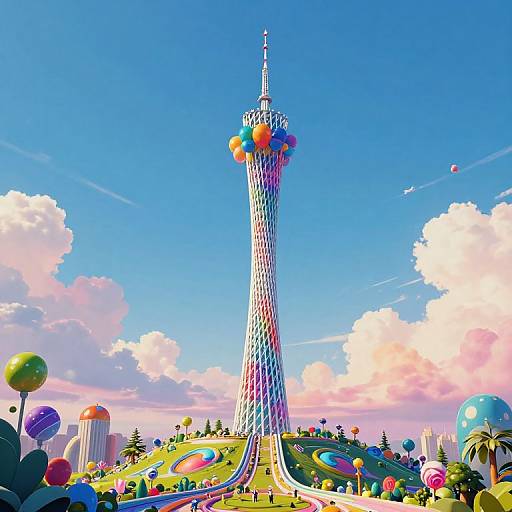 Vibrant CGI image of a colorful, futuristic skyscraper with a rainbow-patterned spire, surrounded by whimsical balloons, rolling hills, and