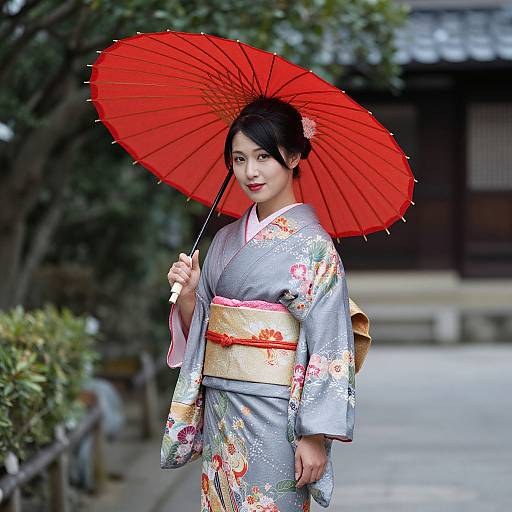 Woman in Kimono with Red Umbrella