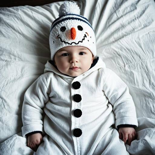 Baby in Snowman Outfit Lying on Bed