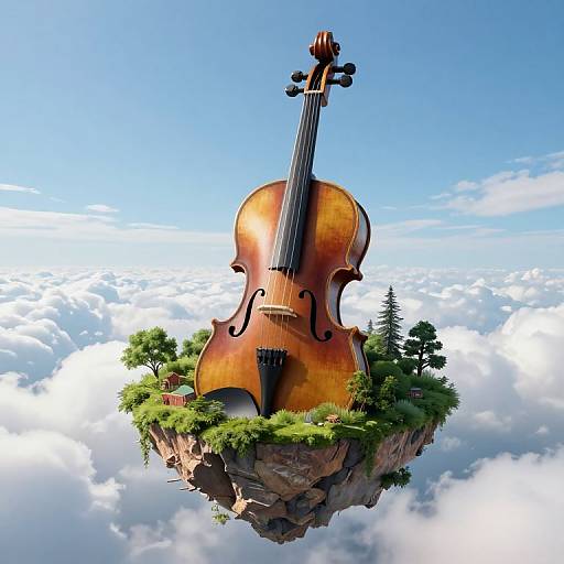 Digital artwork of a massive, golden-brown violin floating on a small, rocky island amidst fluffy clouds and green trees under a bright blue sky.