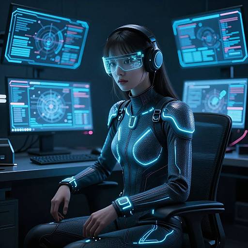 Cyberpunk woman in neon bodysuit and visor, seated in dimly-lit control room with glowing blue screens, wearing headphones. Digital