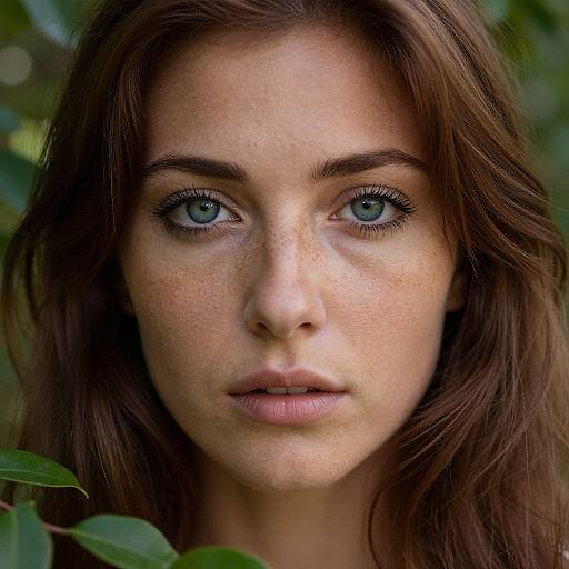 Photograph of a close-up young woman with fair skin, blue eyes, brown wavy hair, and freckles, surrounded by green foliage,