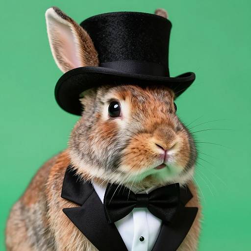 Photograph of a brown rabbit with large ears, wearing a black top hat and bow tie, against a solid green background.