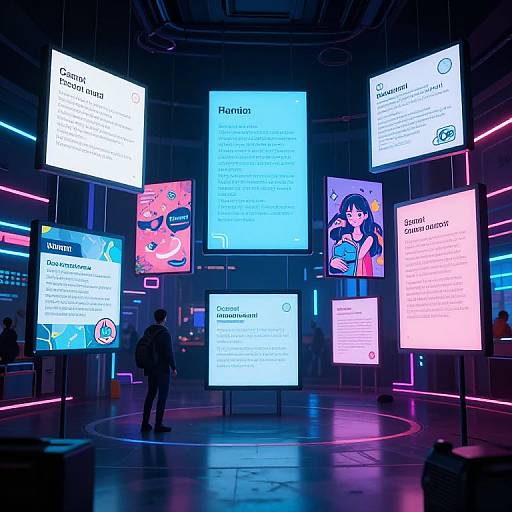 Photograph of a modern, neon-lit exhibit space with floating, colorful digital screens displaying text and images, a silhouetted person standing in