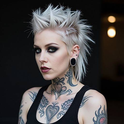 Photograph of a pale-skinned woman with white spiky hair, black eyeliner, dark lipstick, large black earrings, and multiple tattoos, wearing