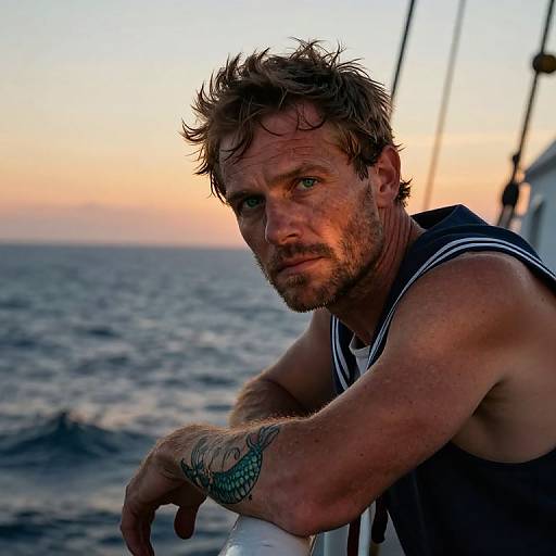 Photograph of a rugged, bearded man with wet, tousled hair, wearing a black sleeveless shirt, leaning on a boat railing at sunset