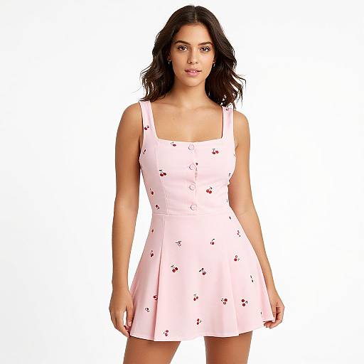 Photograph of a woman with wavy black hair, wearing a pink, sleeveless, cherry-patterned dress, standing against a plain white background.