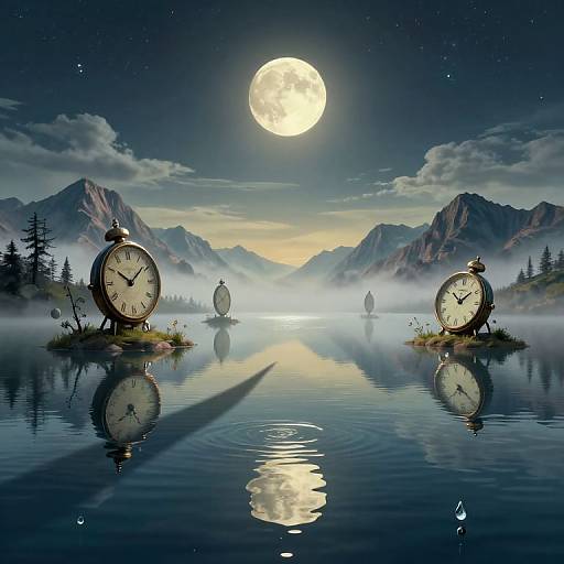 Photograph of five vintage clocks floating on a still, reflective lake under a full moon, surrounded by misty mountains and pine trees.