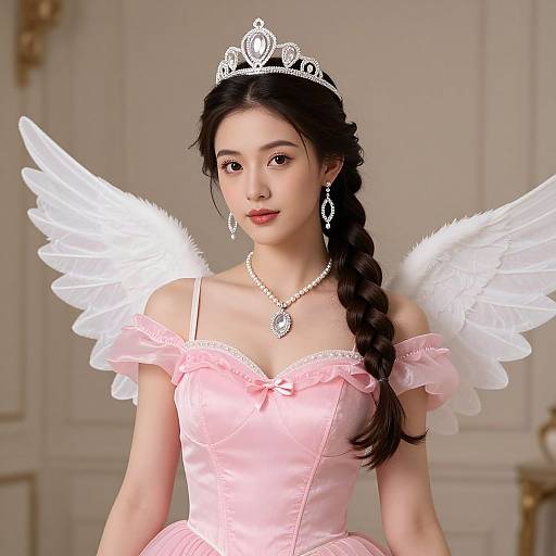 Digital artwork of an Asian princess with long braided hair, pink off-shoulder dress, white wings, tiara, and pearl necklace, standing