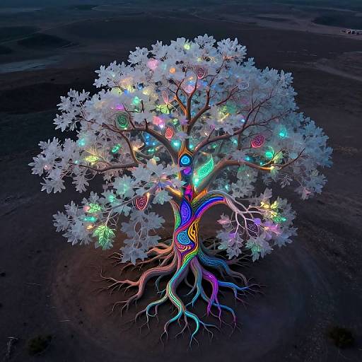 Digital artwork of a magical tree with glowing multicolored lights, heart-shaped leaves, vibrant rainbow roots, and a glowing blue orb at its center,