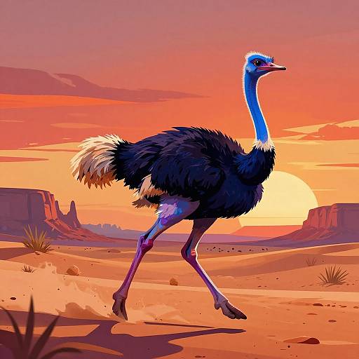 Digital illustration of a blue-feathered emu with dark plumage walking in a vibrant, orange-red desert sunset with distant sandstone formations.