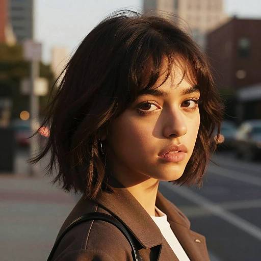 Photograph of an Asian woman with short, dark hair and brown jacket, standing in an urban street, illuminated by sunlight.