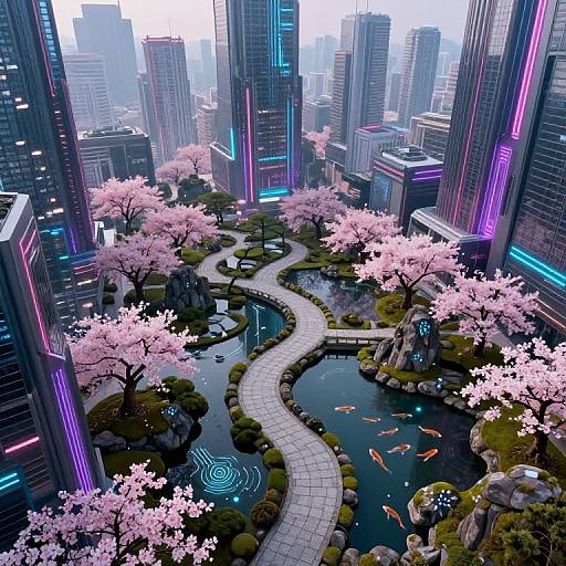 Digital artwork of a futuristic cityscape with neon lights, pink cherry blossom trees, winding stone path, koi pond, and skyscrapers.
