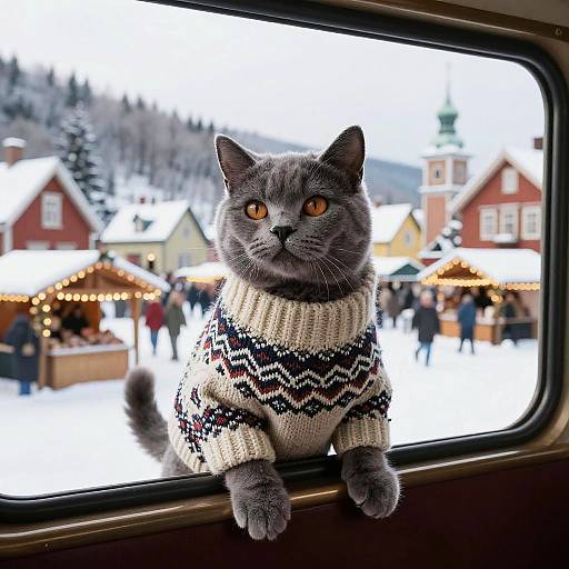 Nordic Sweater Cat on Winter Train