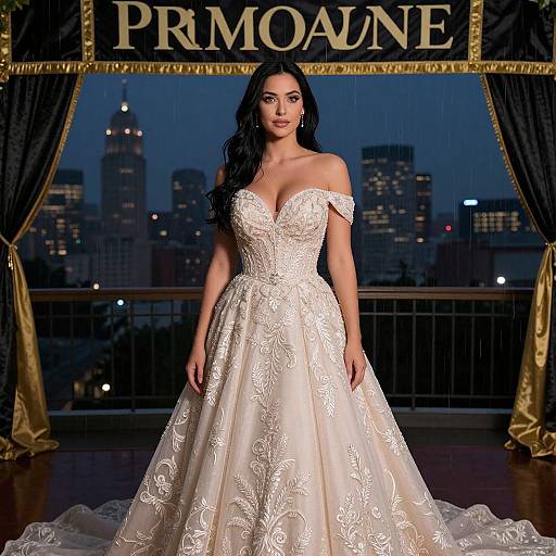 Photograph of a brunette woman with long wavy hair in an off-shoulder, white lace and satin wedding gown, standing in front of a