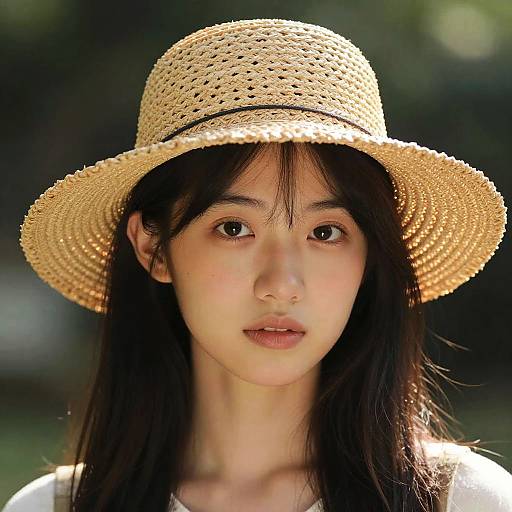 Photograph of an Asian woman with fair skin, black hair, and brown eyes, wearing a straw hat and white top, with a blurred green outdoor