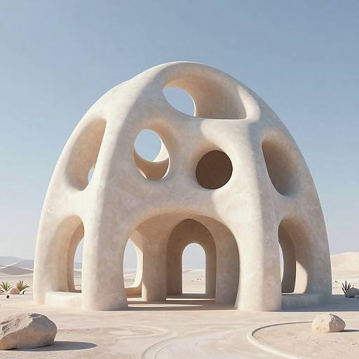 Photograph of a large, white, abstract, dome-shaped stone structure with circular and arched openings, set in a clear, sunny desert landscape.