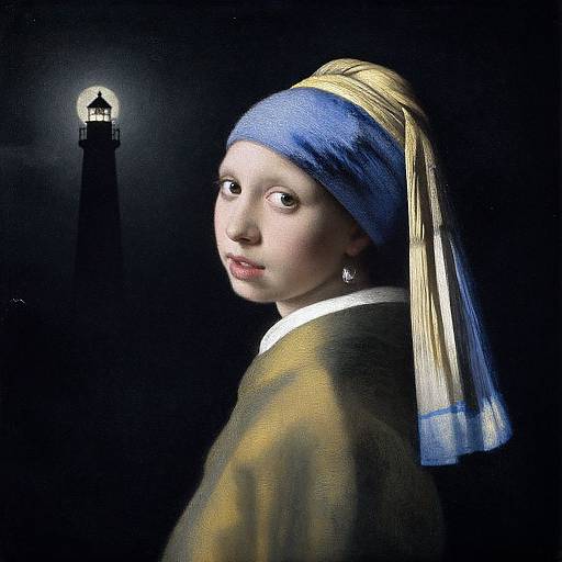 Digital artwork of a pale-skinned woman with blue and yellow headscarf, white collar, and earrings, gazing over shoulder at a glowing l