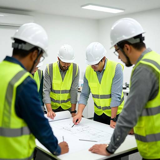 Engineers Collaborating on Blueprint