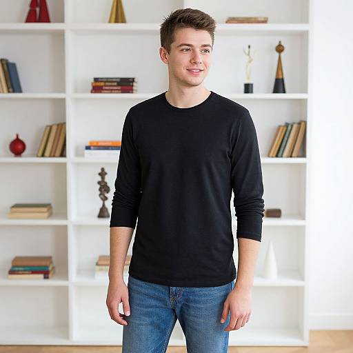Photograph of a young, fair-skinned man with short brown hair, wearing a black long-sleeve shirt and blue jeans, standing in front