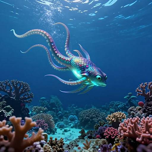 Photograph of a bioluminescent fish with glowing, iridescent scales swimming over a vibrant, colorful coral reef under clear blue ocean water.