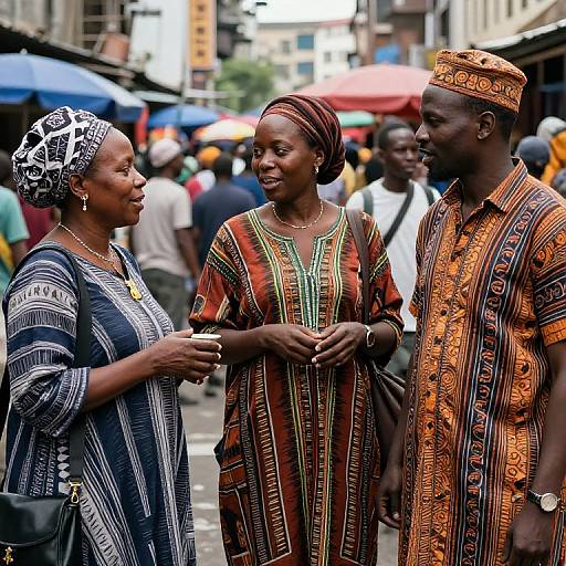 Photograph of three African women in vibrant, patterned traditional dresses standing on a busy urban street, chatting and smiling. Background includes colorful umbrellas and