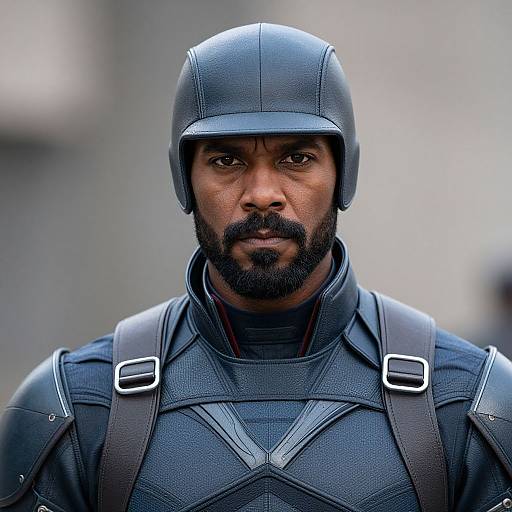 Photograph of a serious, bearded Black man in a black leather helmet and tactical armor with straps, standing against a blurred gray background.
