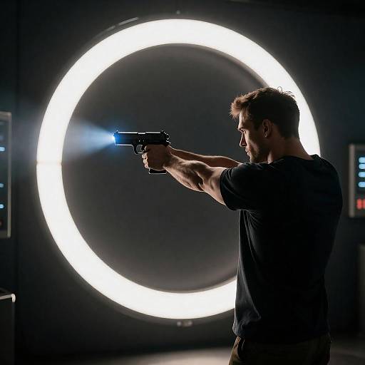Muscular Man Aiming Glowing Gun at Portal