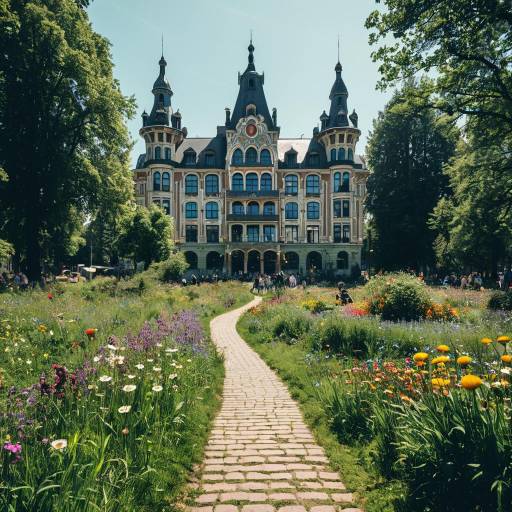 Art Nouveau Building with Flower Meadow Path
