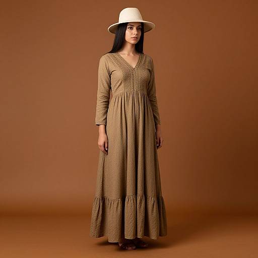 Photograph of a woman with long black hair wearing a beige, long-sleeved, V-neck dress and white wide-brimmed hat, standing