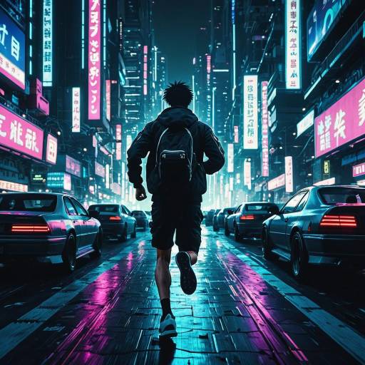 Man Running in Cyberpunk Neon City at Night