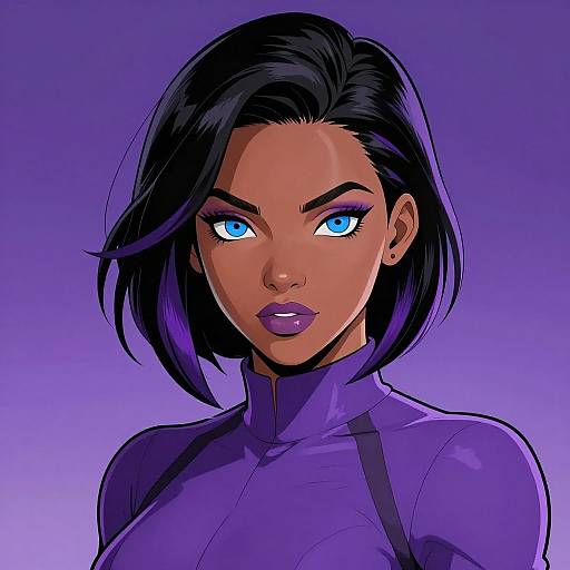 Digital illustration of a fierce, dark-skinned woman with striking blue eyes, black bob haircut, and purple lips, wearing a high-neck, purple outfit