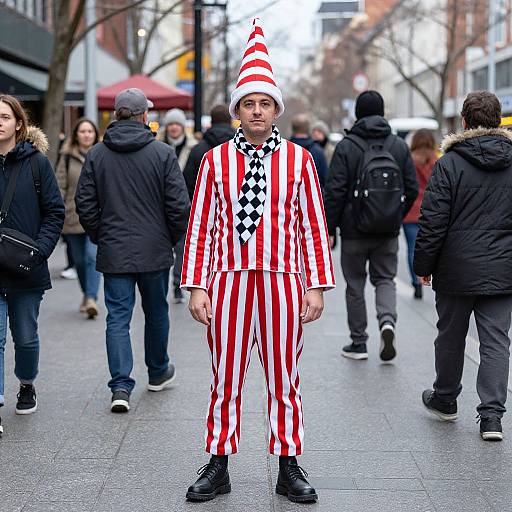Photograph of a man in a red and white striped jester outfit, black shoes, and matching hat, standing in a busy urban street with people