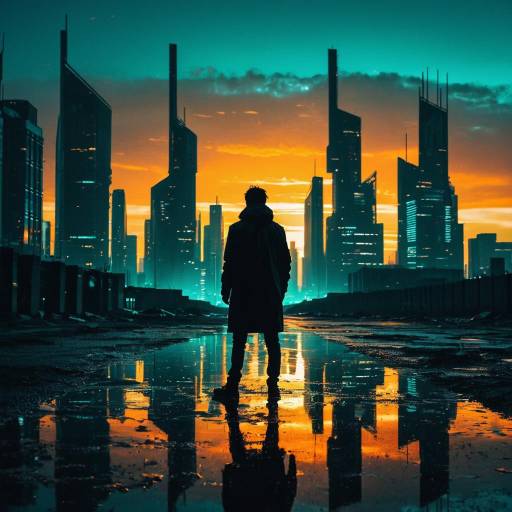 Silhouette in Futuristic Cityscape at Sunset