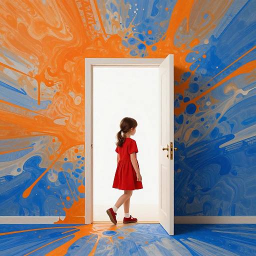 Photograph of a young girl in a red dress, black hair in a ponytail, walking through a door into a white-lit room, against