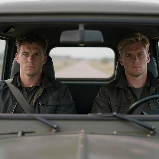 Two Men in Rugged Military Vehicle