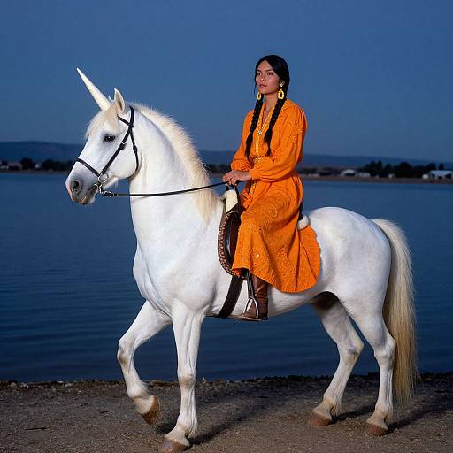 Photograph of a woman with long black hair in an orange traditional dress riding a white unicorn along a beach at dusk.