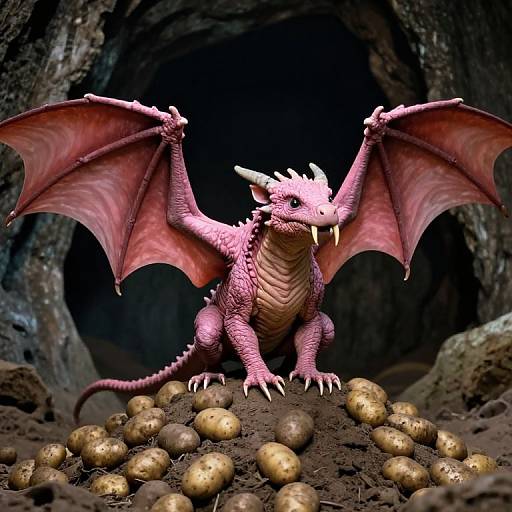 CGI image of a pink, winged dragon with white horns, sharp teeth, and red membranes, standing on a pile of shiny gold eggs inside